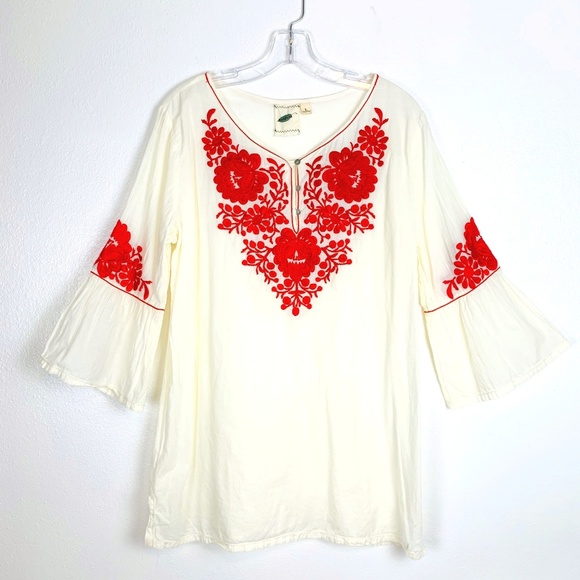 Nurture Tops - Nurture Cream Red Embroidered Boho Peasant Top L